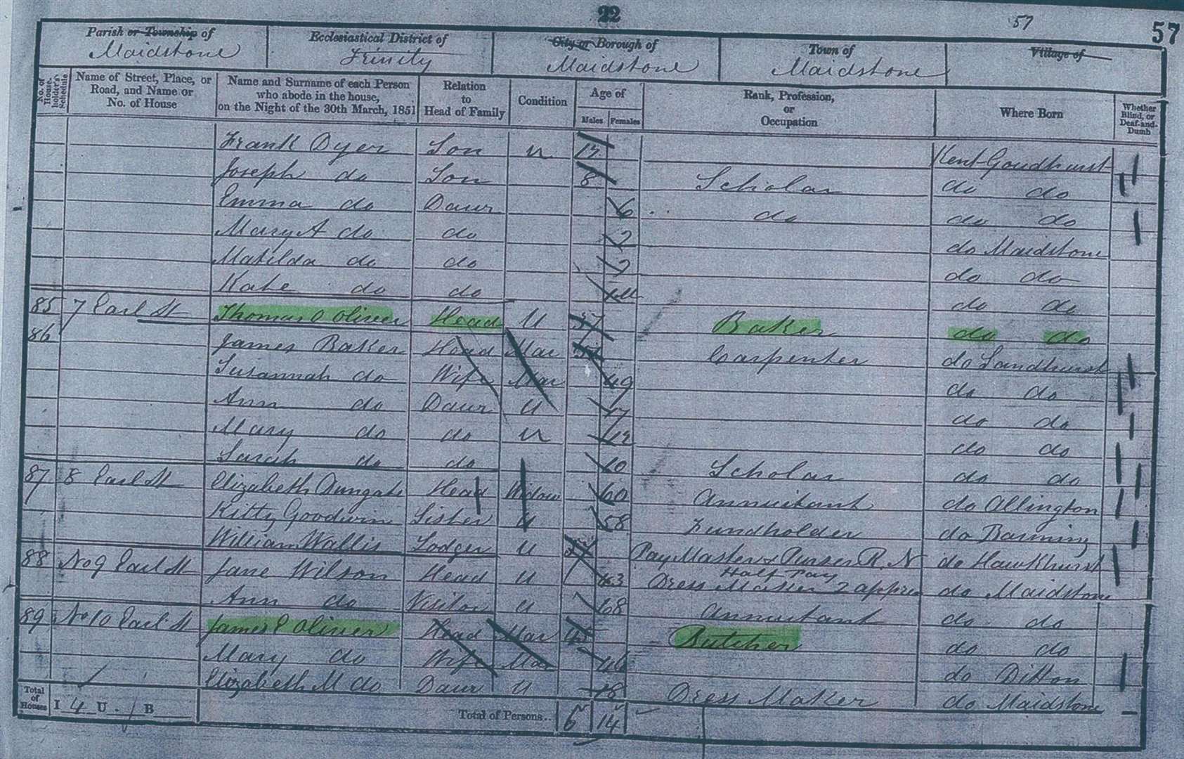 The 1850 census return for Earl Street, Maidstone