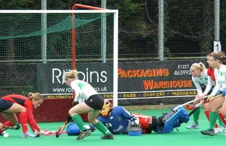 Canterbury keeper Becky Duggan, one of the players called up, is at full stretch to stop an attack in a recent game against Clifton. Picture: BARRY DUFFIELD