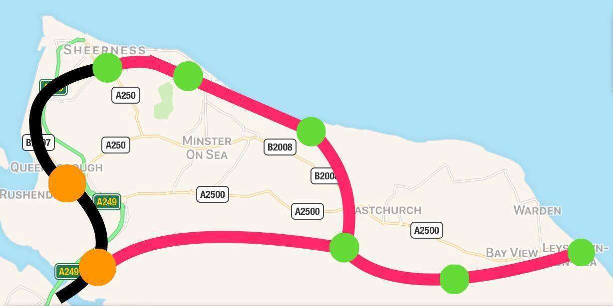 Henry's proposed route for a new train on Sheppey (in pink) and the existing trainline (in black).