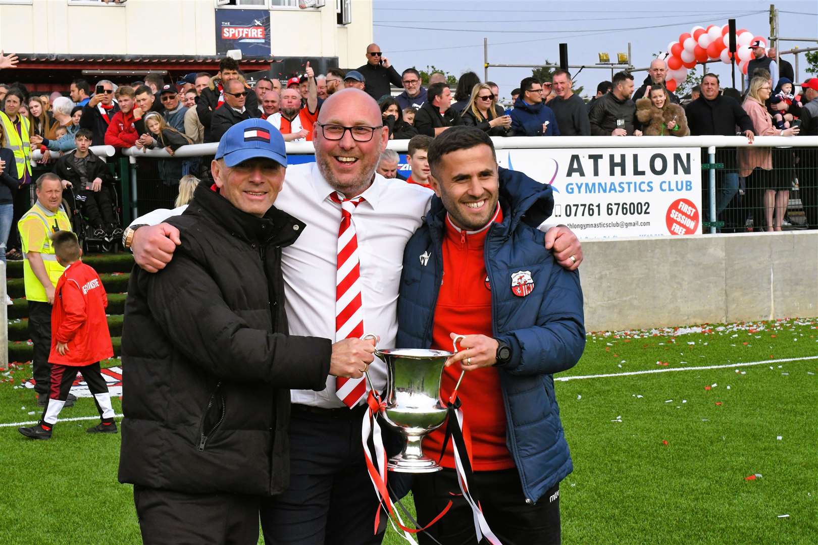 There's a new role for Ernie Batten (left) at Sheppey United. Pictured with chairman Matt Smith and departed assistant Marcel Nimani after winning the Southern Counties East League Premier Division title. Picture: Marc Richards