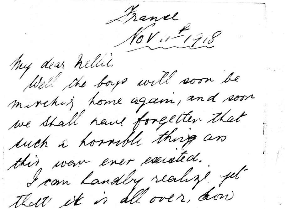 A letter sent on Armistice Day by Alfred to Nellie