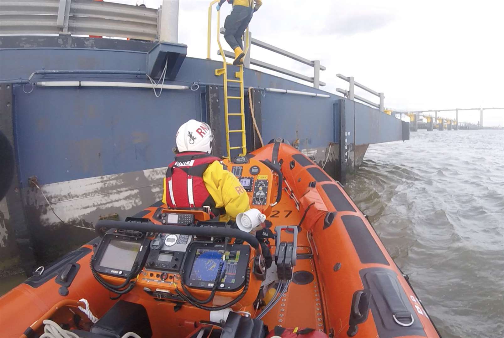 The Gravesend lifeboat crew gained access to the ship by climbing off the lifeboat onto a ladder
