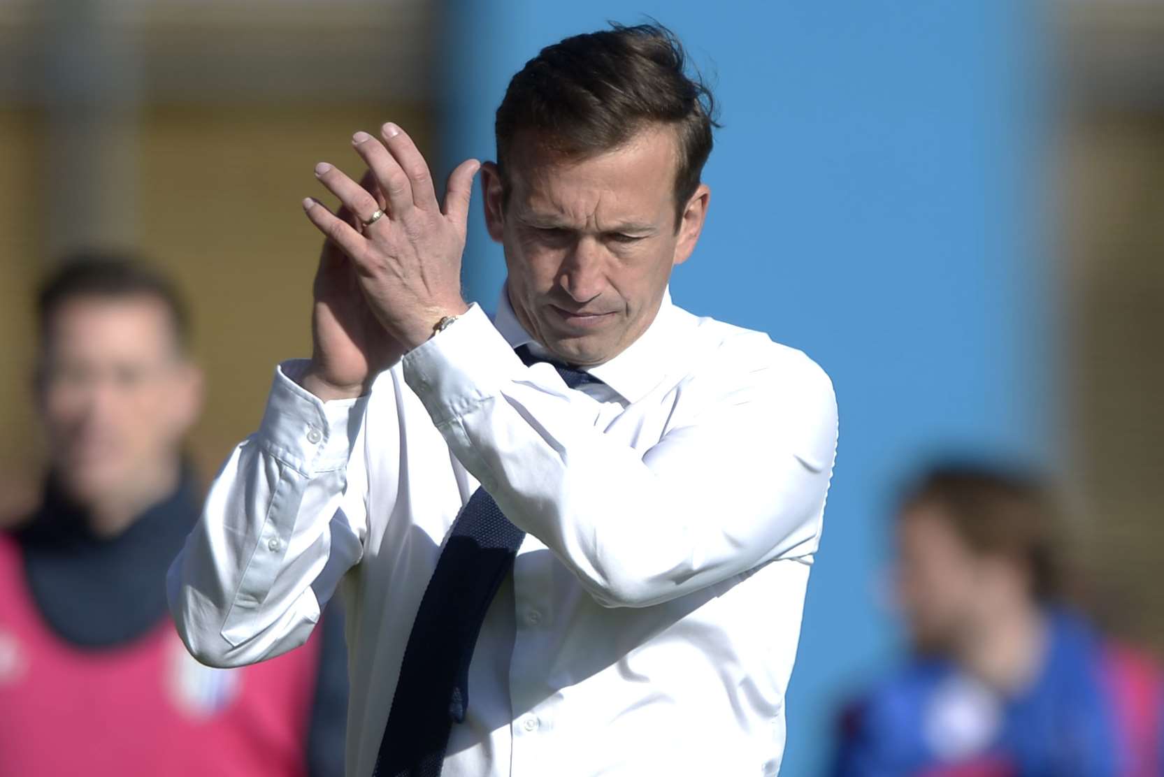 Justin Edinburgh thanks the fans for their support against Rochdale as they move up to ninth Picture: Barry Goodwin