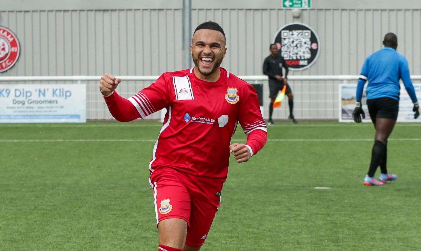 Dean Grant celebrates scoring his first goal in their season-ending weekend 2-2 draw against Welling Town. Picture: Les Biggs