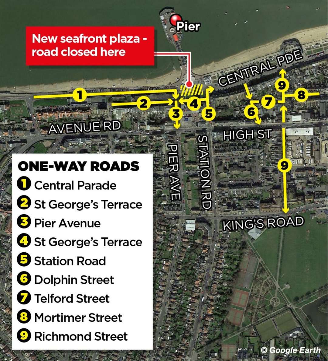 A graphic showing the new one-way system in Herne Bay and the recently-installed Central Parade plaza