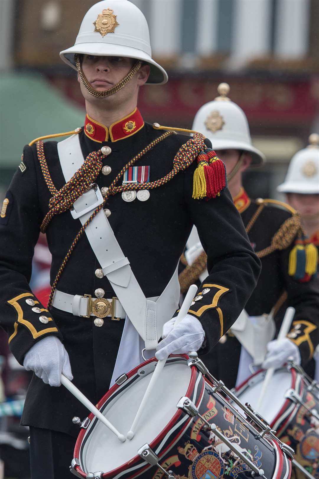 The Corps of Drums will welcome Royal Marine runners across the same finishing line