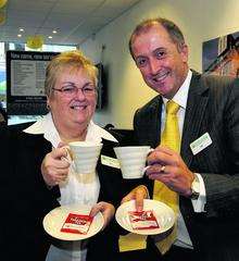 Jim Cook, managing director of Investaco, with Ann Hermitage, branch manager, enjoying a delicious cup of Yorkshire Tea!