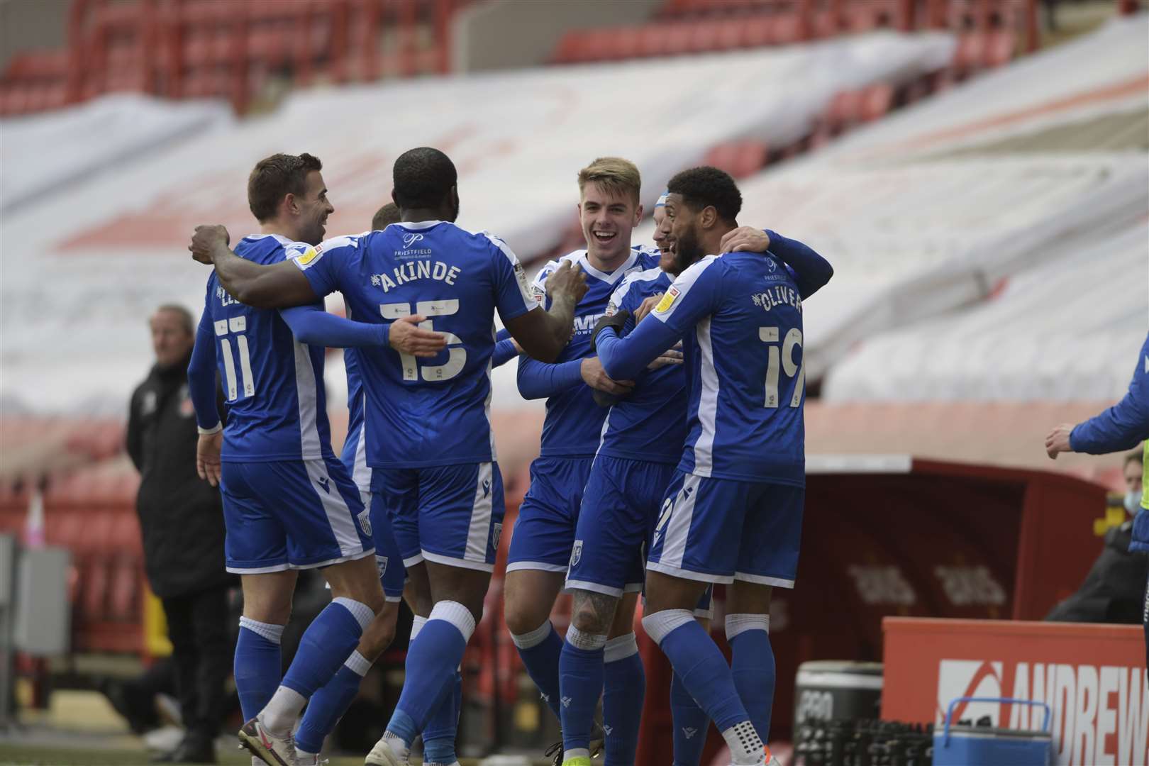 Gillingham celebrate their second goal against Charlton Athletic Picture: Barry Goodwin