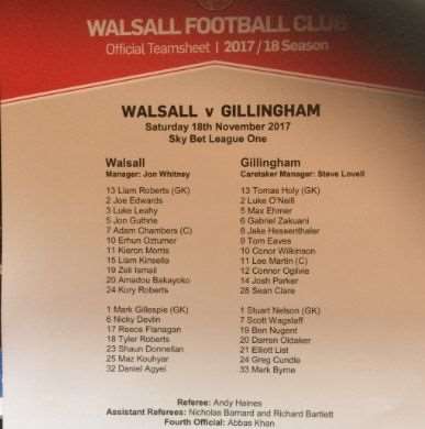 Walsall v Gillingham team line-up