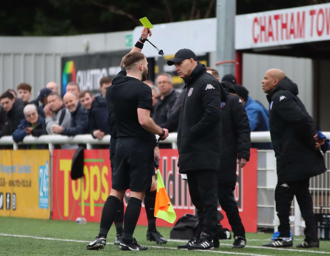 Margate manager Mark Stimson is cautioned by referee Joshua Langley-Fineing in the first half. Picture: Max English (@max_ePhotos)