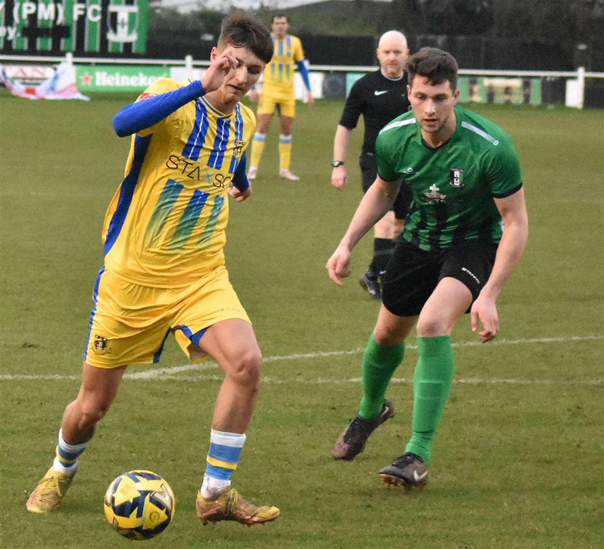 Mitchell May prepares to make it 1-1 for Bourne against Cray Valley at the weekend Picture: Alan Coomes
