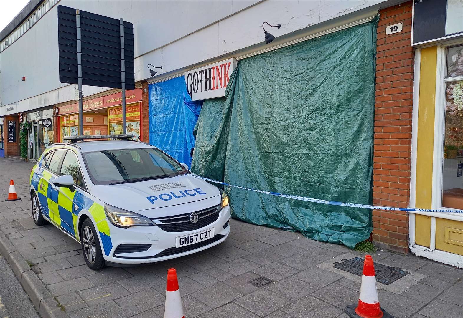 GothInk Studio in Lower Bridge Street, Canterbury, was screened by tarpaulins following the incident