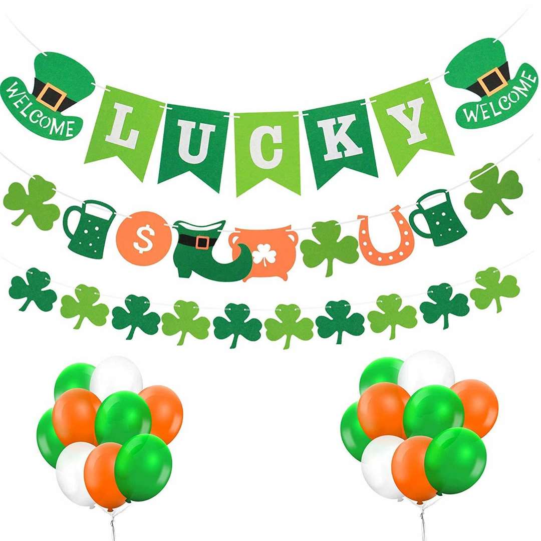 This St. Patrick's Day Decorations pack includes 3pcs Irish hanging felt garland lucky Patrick Banner and 15pcs latex balloons.