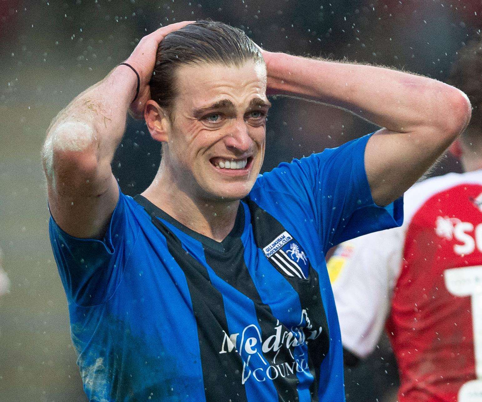 Gillingham striker Tom Eaves rues a missed opportunity at Fleetwood on Saturday Picture: Ady Kerry