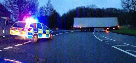 Lorry closes A20 near Folkestone.