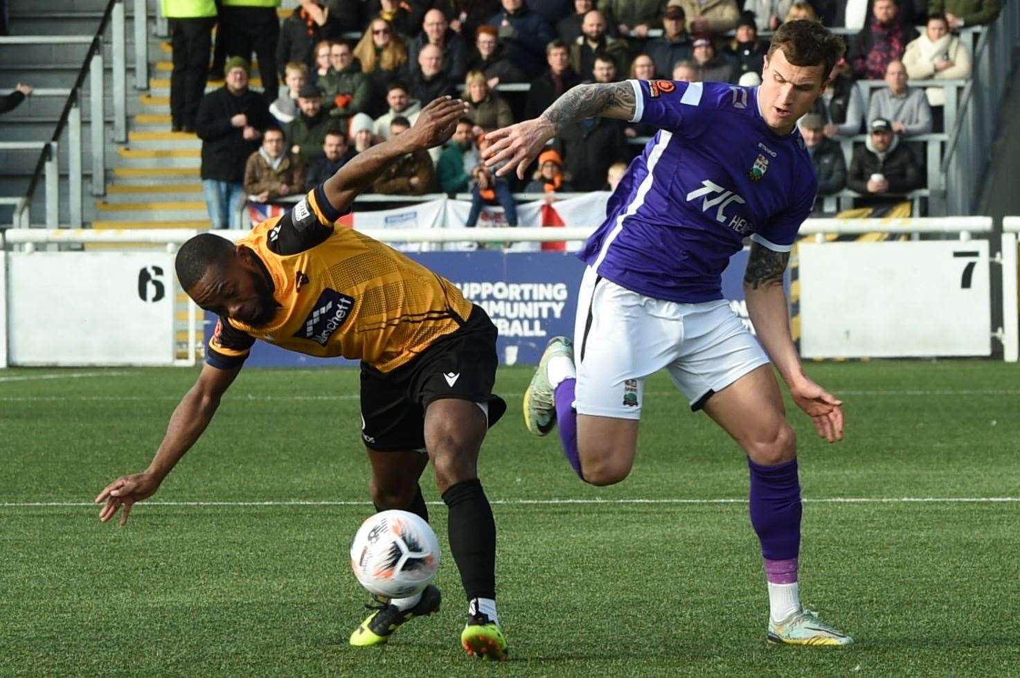 Mark Marshall battles for the ball during Maidstone's FA Trophy tie against Barnet last weekend. Picture: Steve Terrell