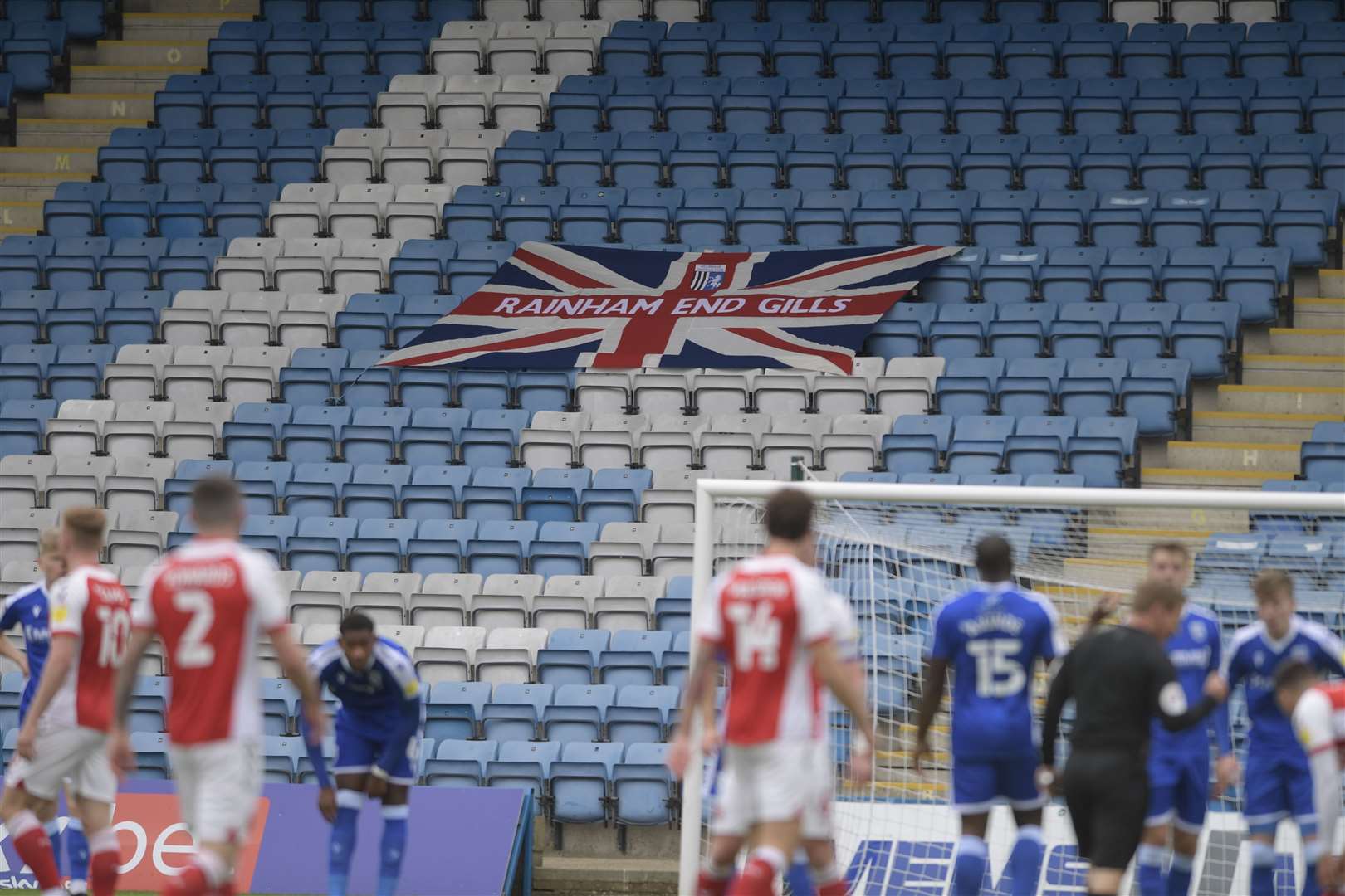 Gillingham flag in the stands as the Rainham End remains empty Picture: Barry Goodwin