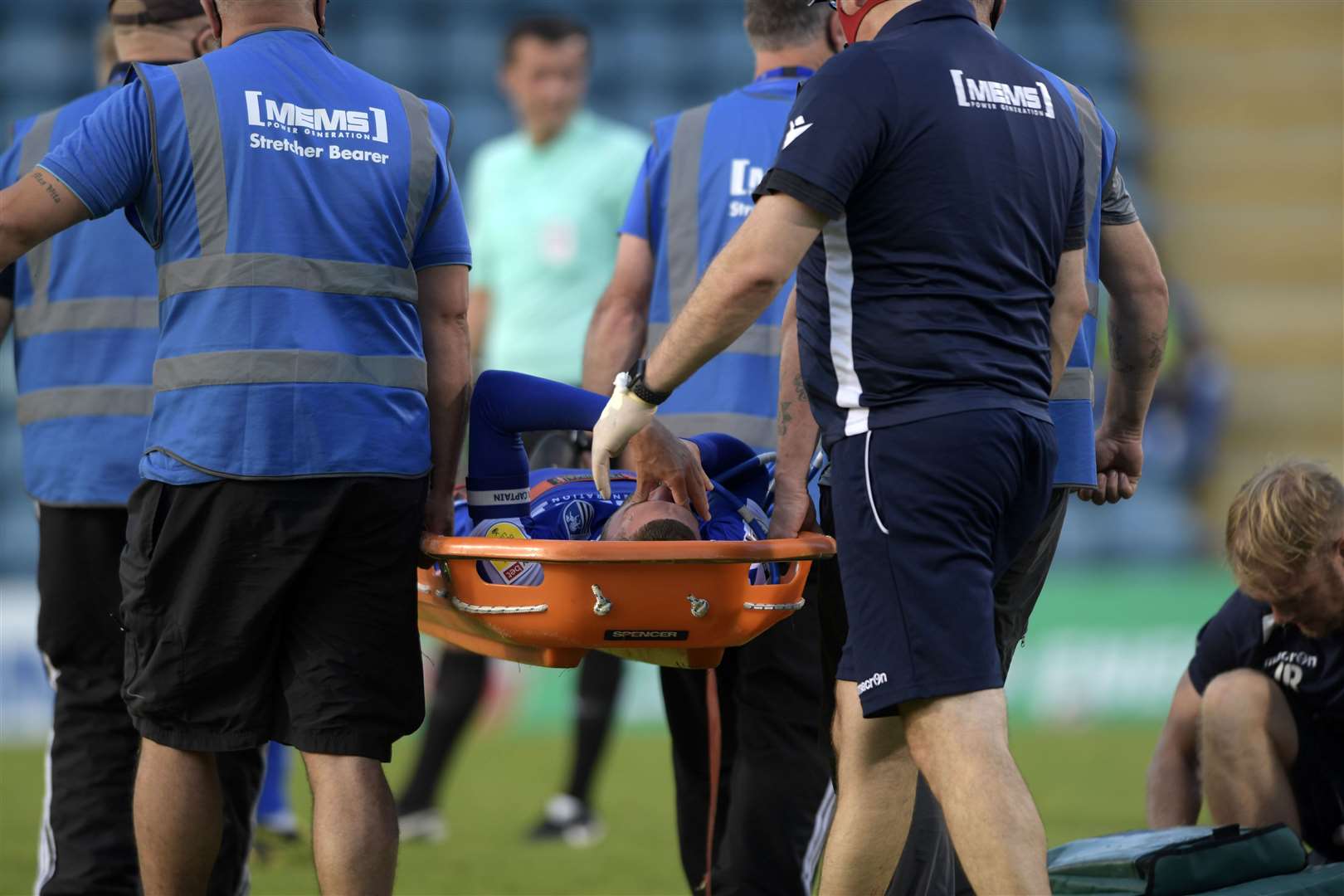 Stuart O'Keefe is stretchered off with a suspected fracture Picture: Barry Goodwin