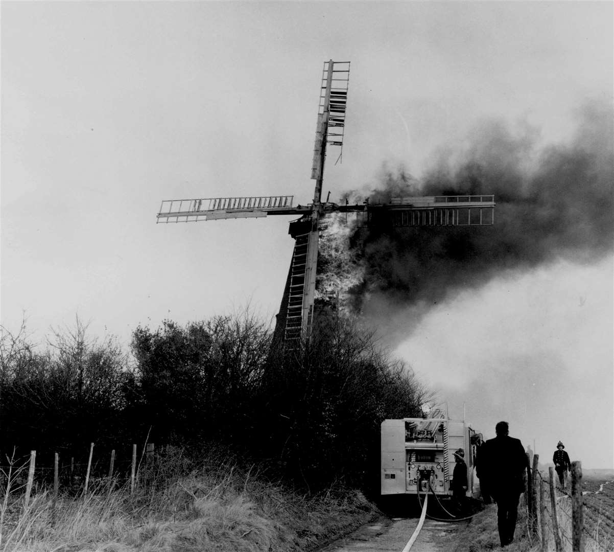 The last minutes of the 136-year-old Barham Windmill, destroyed by fire in March 1970, were captured on camera. The mill was gutted and the massive sails collapsed before flames could be brought under control