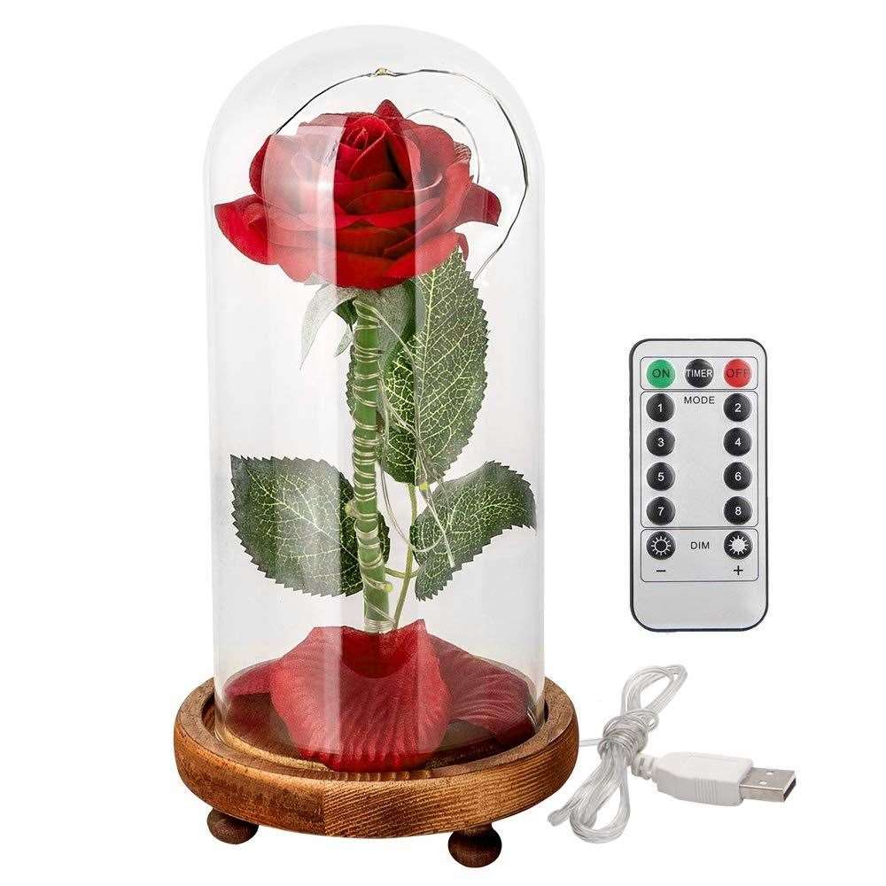 The rose led light gift include red silk rose, led strip light, fallen petals, glass dome, wooden base, remote control and a message card with a small envelope.