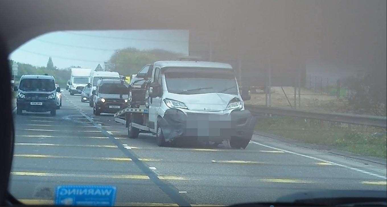 The dashcam footage caught the moment a low-loader smashes into a van which then hits the back of a car at the Stockbury roundabout. Picture: Nextbase