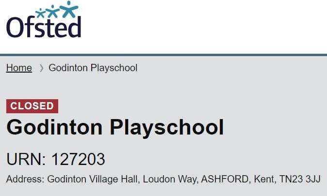 Ofsted's website confirming the closure of the playschool last week