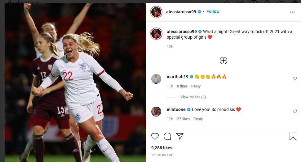 Maidstone footballer Alessia Russo reacts after her second-half hat-trick in England's 20-0 win over Latvia. Picture: Instagram / alessiarusso99