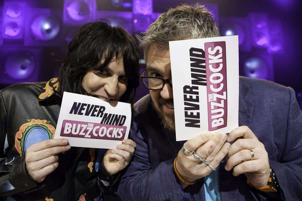 Noel Fielding and Phill Jupitus at a recording of Never Mind the Buzzcocks