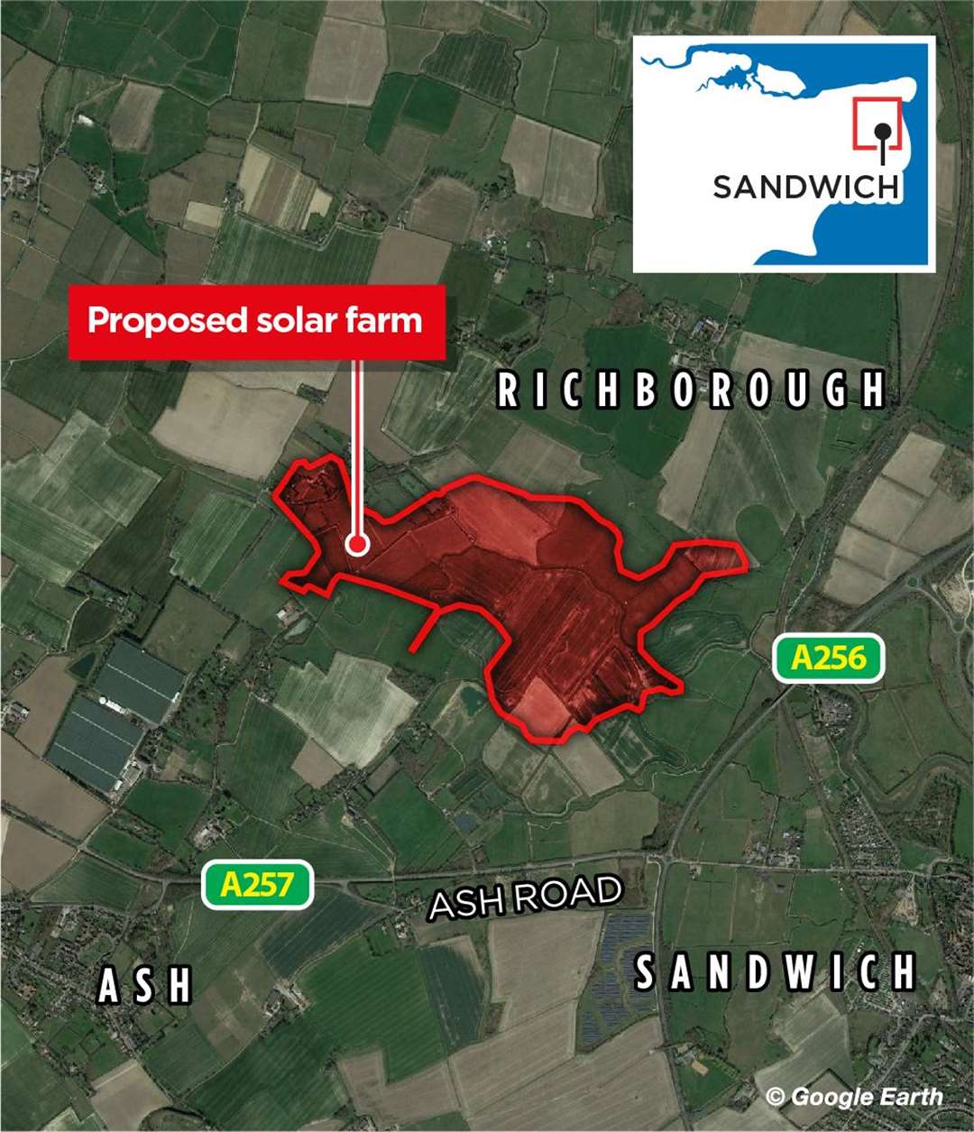 A map graphic showing the planned solar farm bordered in red. Image: Google