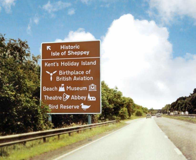 Times Guardian mock-up of what a Sheppey brown tourist sign on the M2 could look like with museums, beaches and theatres