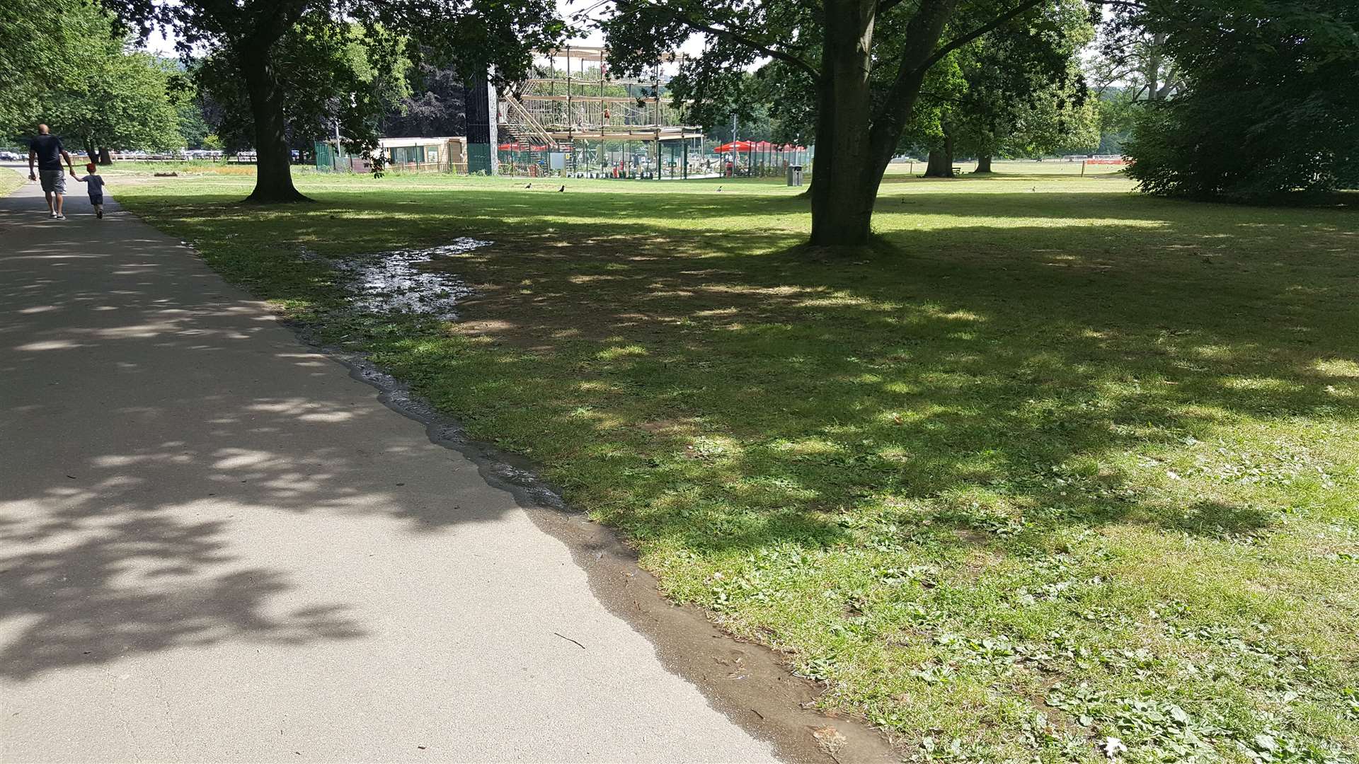 The leak is flowing down the road towards the park (14113879)