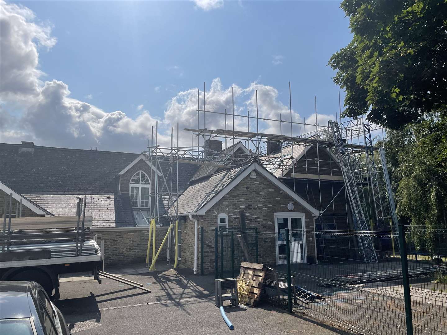 Scaffolding has been put up as workers try to fix the roof at Bobbing Village school