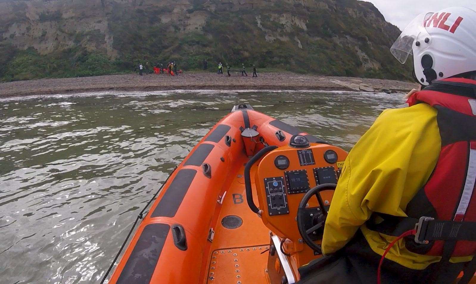 The Whitstable lifeboat heading for the cliffs at Bishopstone to aid the casualty. Picture: RNLI Whitstable.
