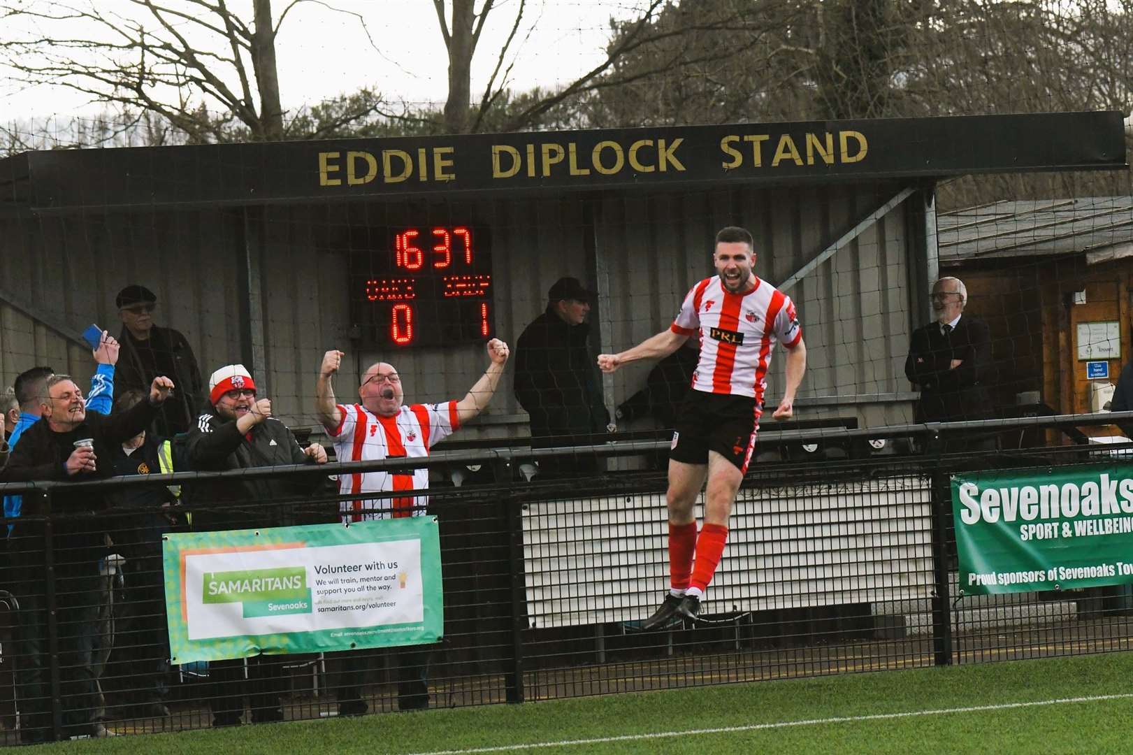Danny Leonard celebrates scoring for Sheppey at Sevenoaks this season. Picture: Marc Richards