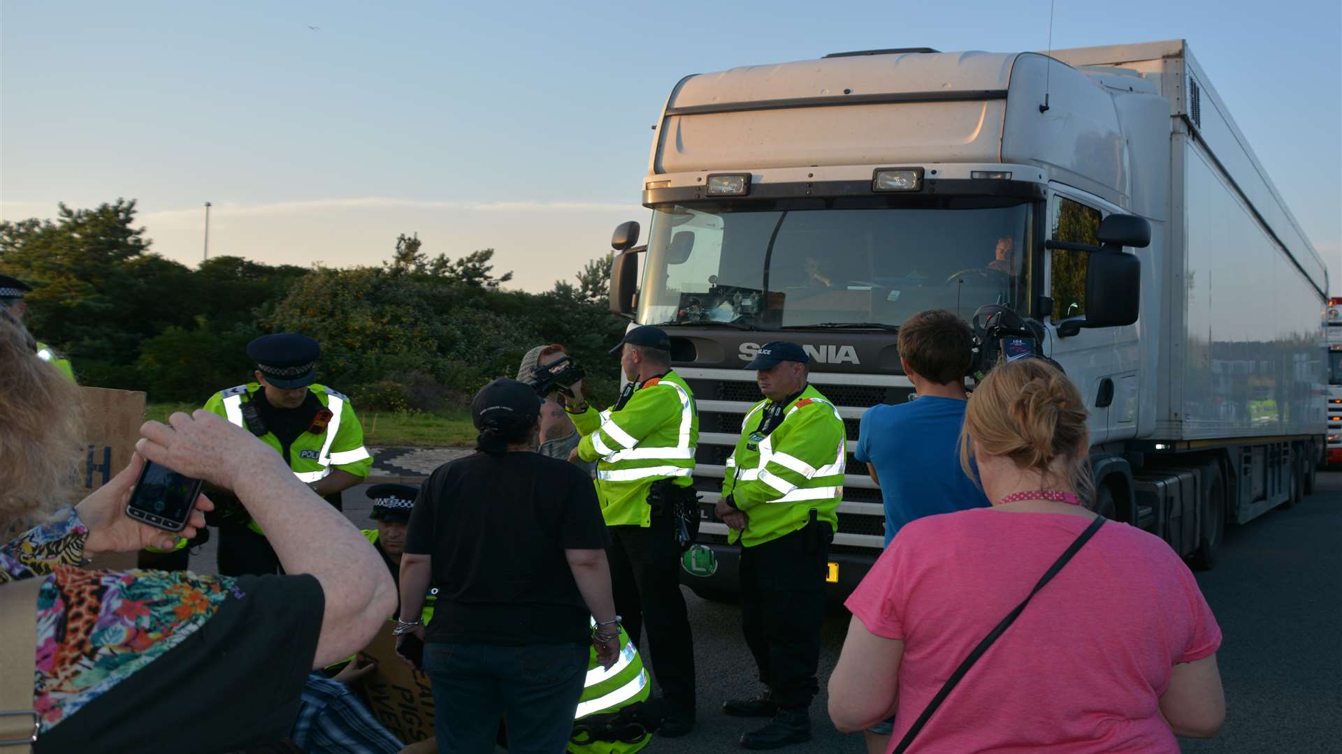 Campaigners were chanting at drivers of the lorries carrying live animals