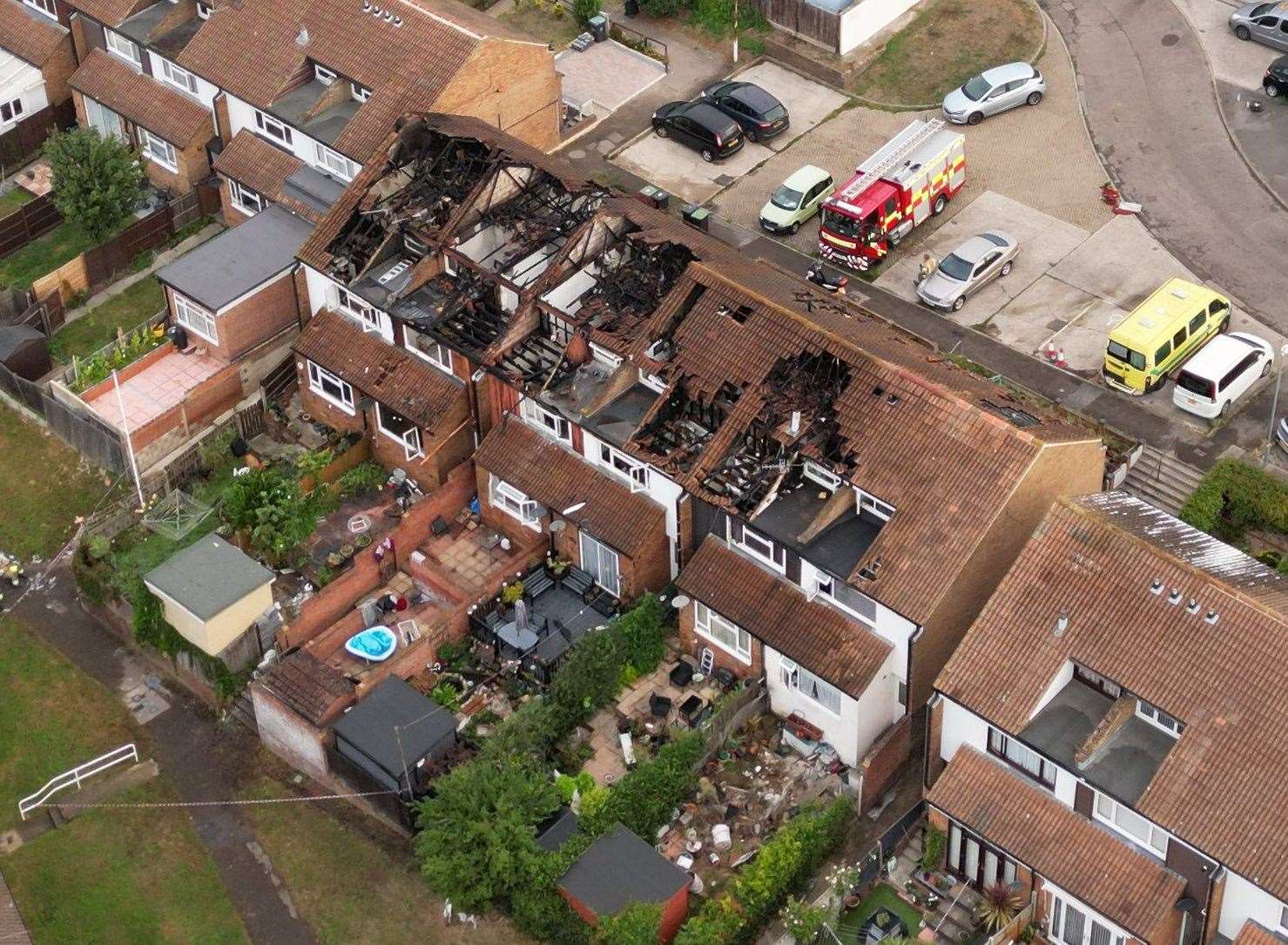 Drone footage shows the devastation left behind by the fire in Rose Street, Northfleet. Picture: SkyShark Media Aerial Imagery
