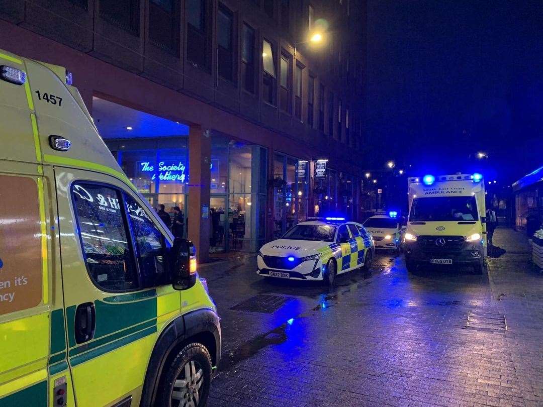 Police cars and ambulances outside Society Rooms in Maidstone