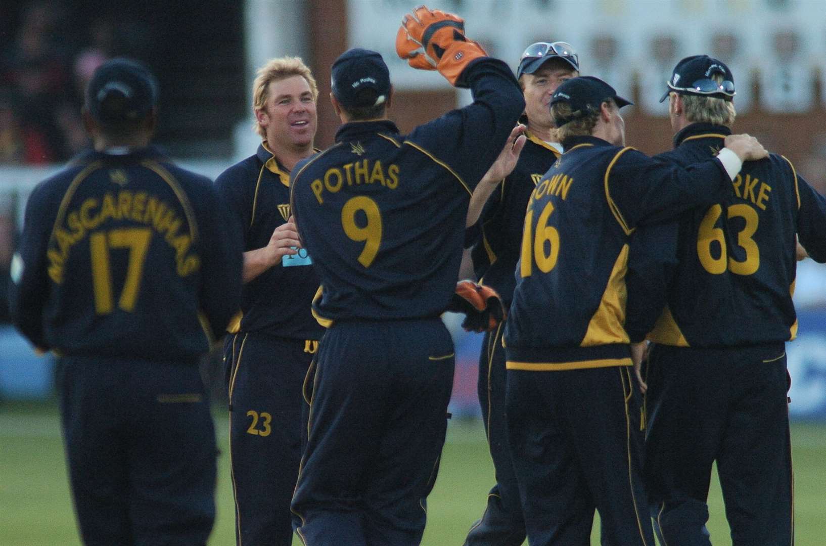 Shane Warne celebrates taking a wicket for Hampshire against Kent at Canterbury in 2004