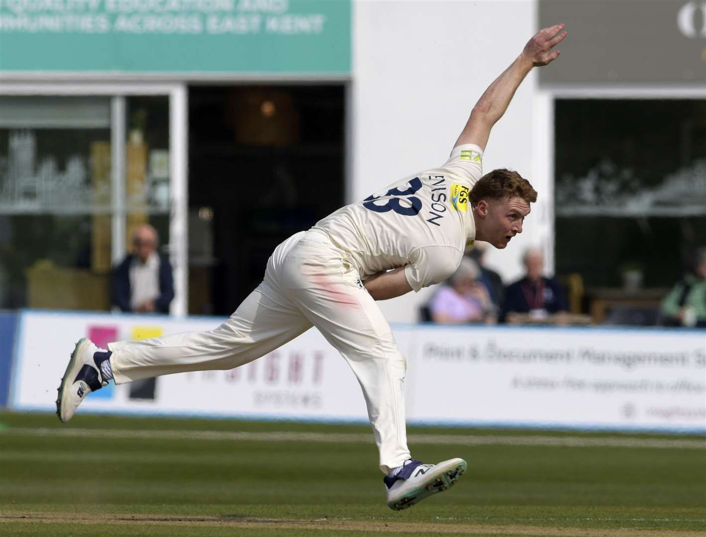 Joey Evison in full flight against Northamptonshire. Picture: Barry Goodwin