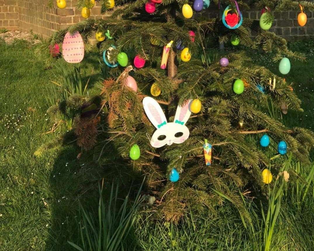 If you look closely you can see the shadow of the Easter Bunny delivering the treats at the Easter Tree in Wouldham Village in Medway