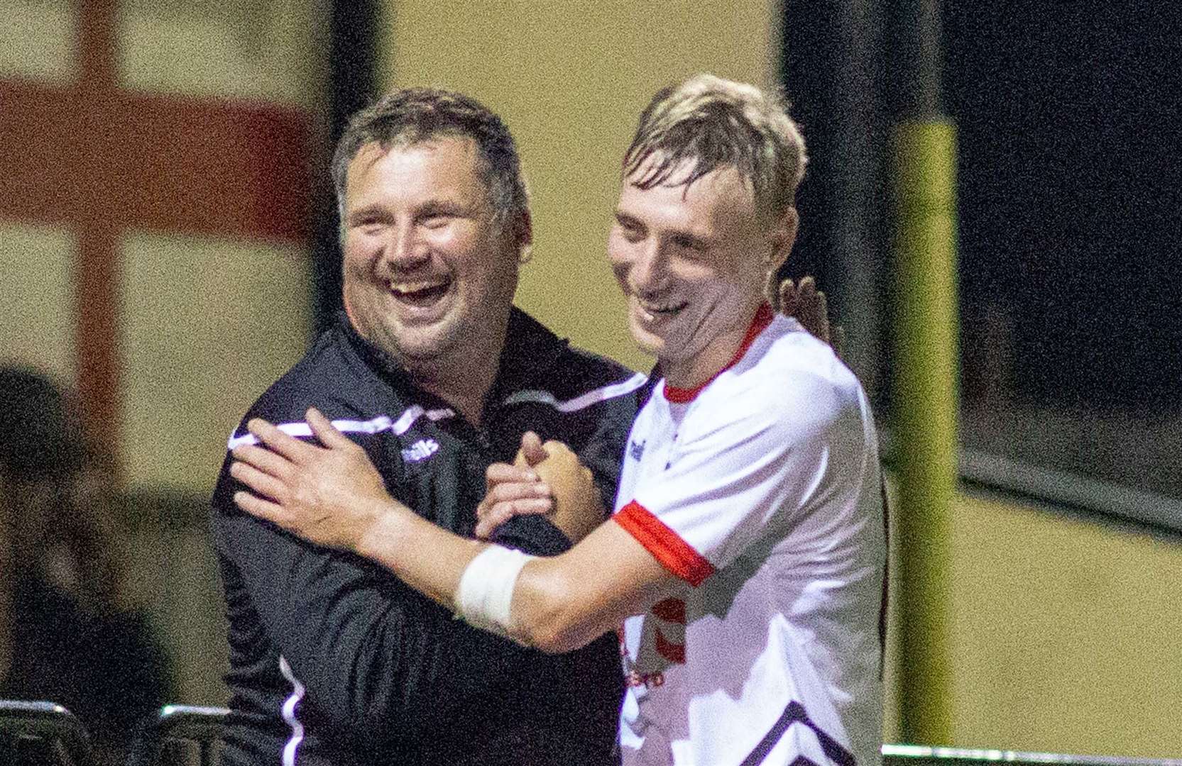 Deal Town manager Steve King, left, celebrates with Ben Chapman during their 3-1 win over Canterbury City last Tuesday. Picture: Paul Willmott
