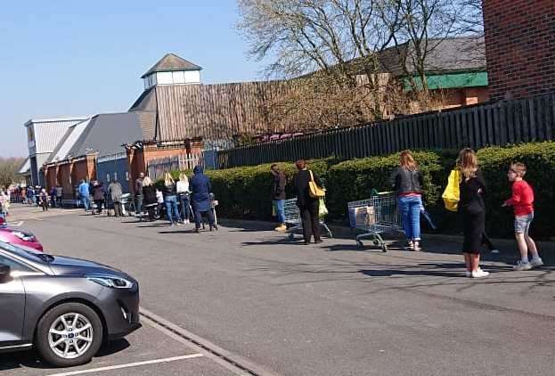 Two-metre gaps between shoppers queuing at Morrisons in Maidstone (32521916)
