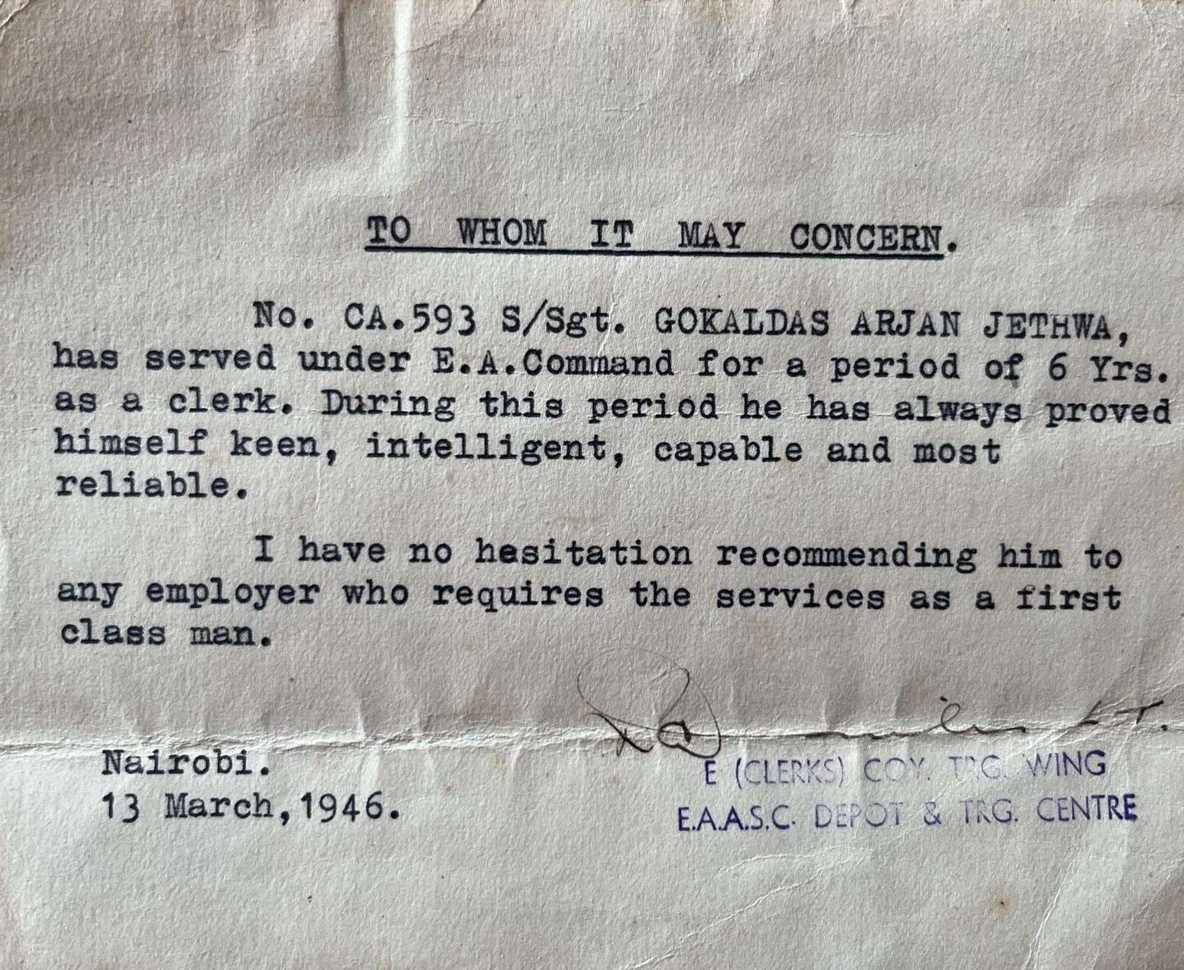 Gokaldas letter of recommendation from the East African military