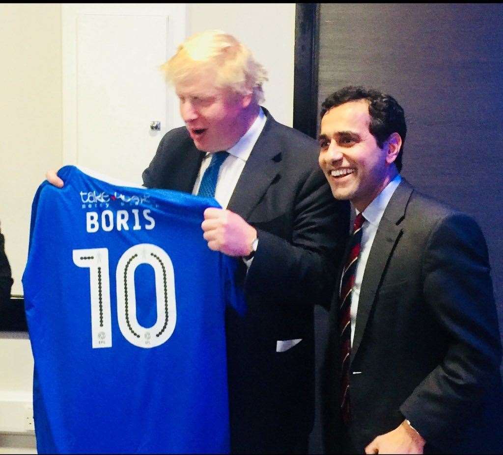 Boris Johnson was presented a Gills shirt by MP for GIllingham and Rainham, Rehman Chishti, who is backing Boris for Prime Minister