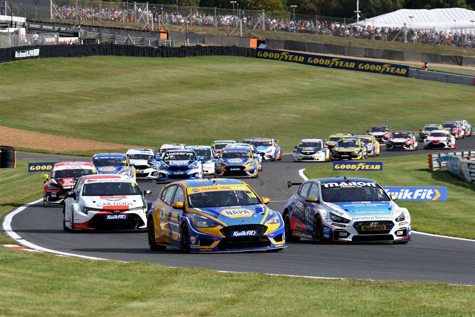 Sutton leads the 27-strong BTCC pack; his fourth title gave Motorbase Performance their first overall drivers’ crown. The team have prepared Ford Focuses since 2011. Picture: Simon Hildrew