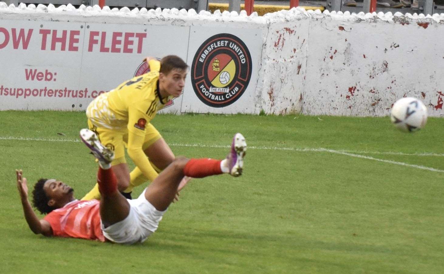 Sido Jombati goes down in the first half but no penalty was awarded. Picture: Ed Miller/EUFC