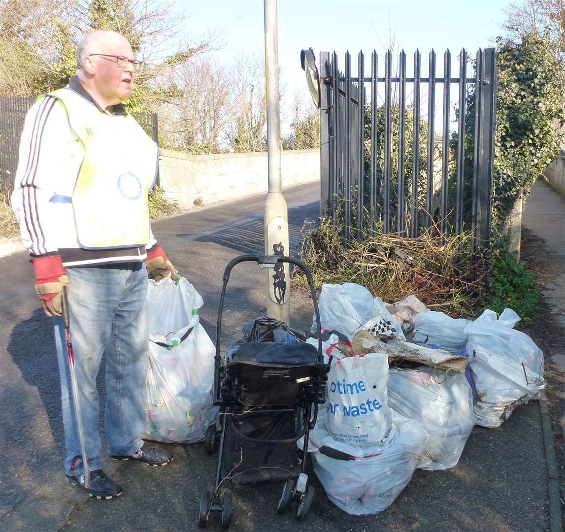 Peter Sherred views rubbish collected at Lower Green Lane to Brookfield Avenue. Picture courtesy of Peter Sherred