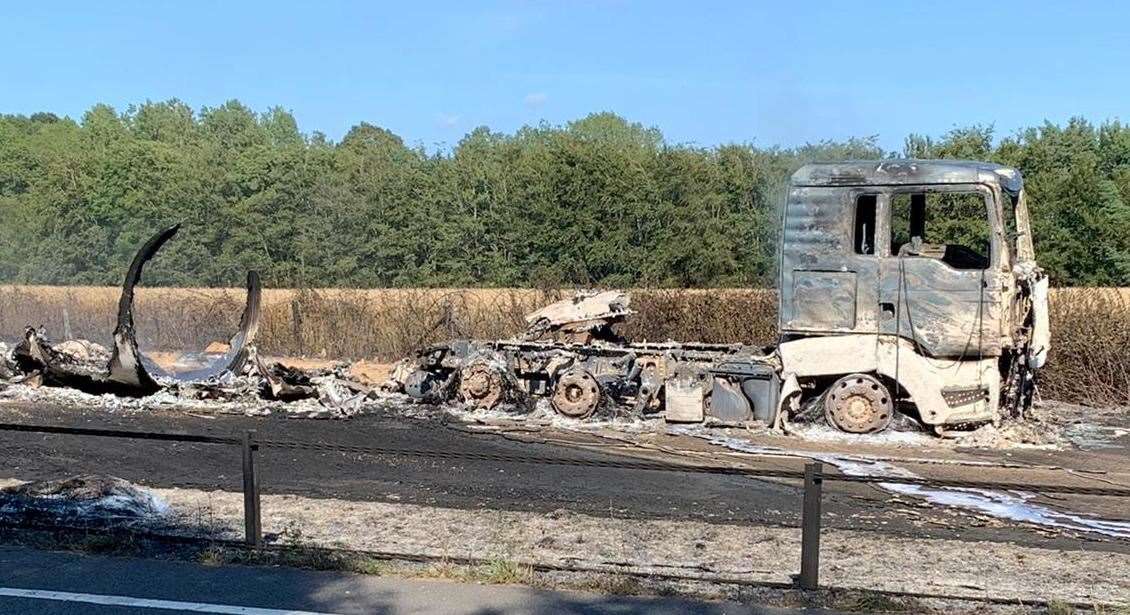 The tattered remains of the fuel tanker. Picture: Kent Fire and Rescue Service