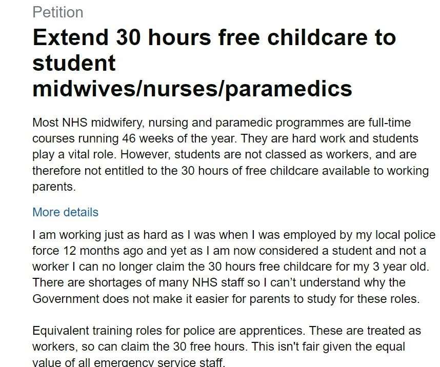 Charlotte Woolsey's petition to the government for student healthcare providers to be entitled to 30 hours a week of childcare