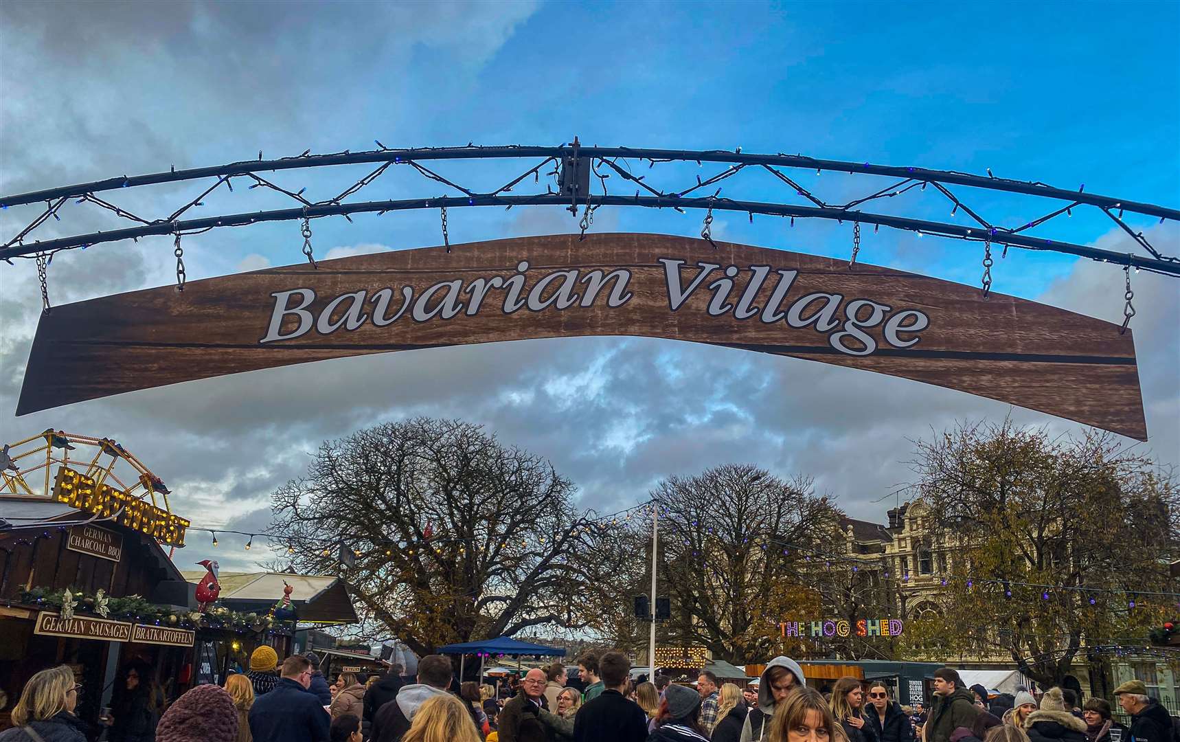 The pop-up Bavarian Village is the main food hub at the market